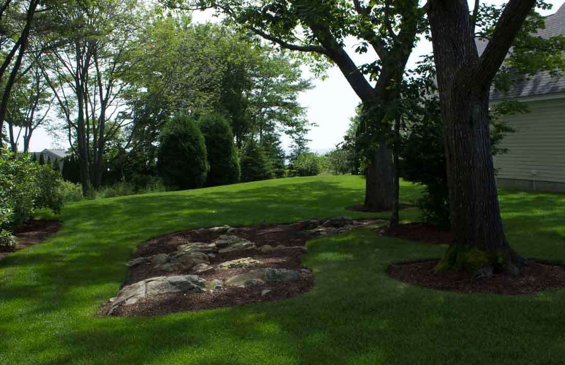 The natural low maintenance landscape edges the sod around the ledge