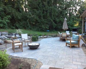 Patio with adjacent water feature